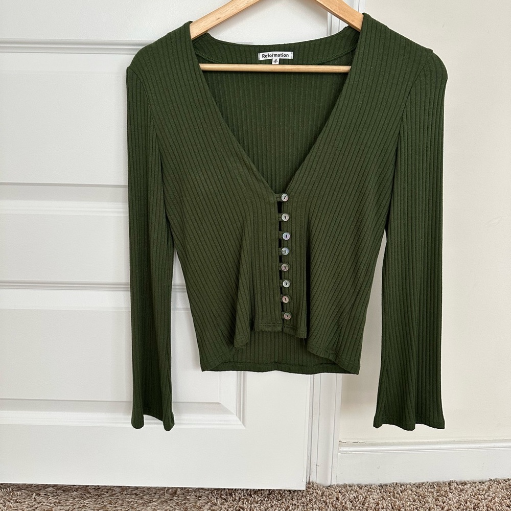 Reformation Forest Green Ribbed Button-Down Top